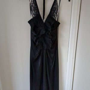 BCBG black above knee halter dress with lace at neck